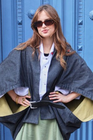 MORGAN LONG CAPE: Black Denim and Oversized Design